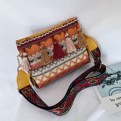 Women's Tapestry Crossbody Bag - Tassel Trim / Woven-Look Strap